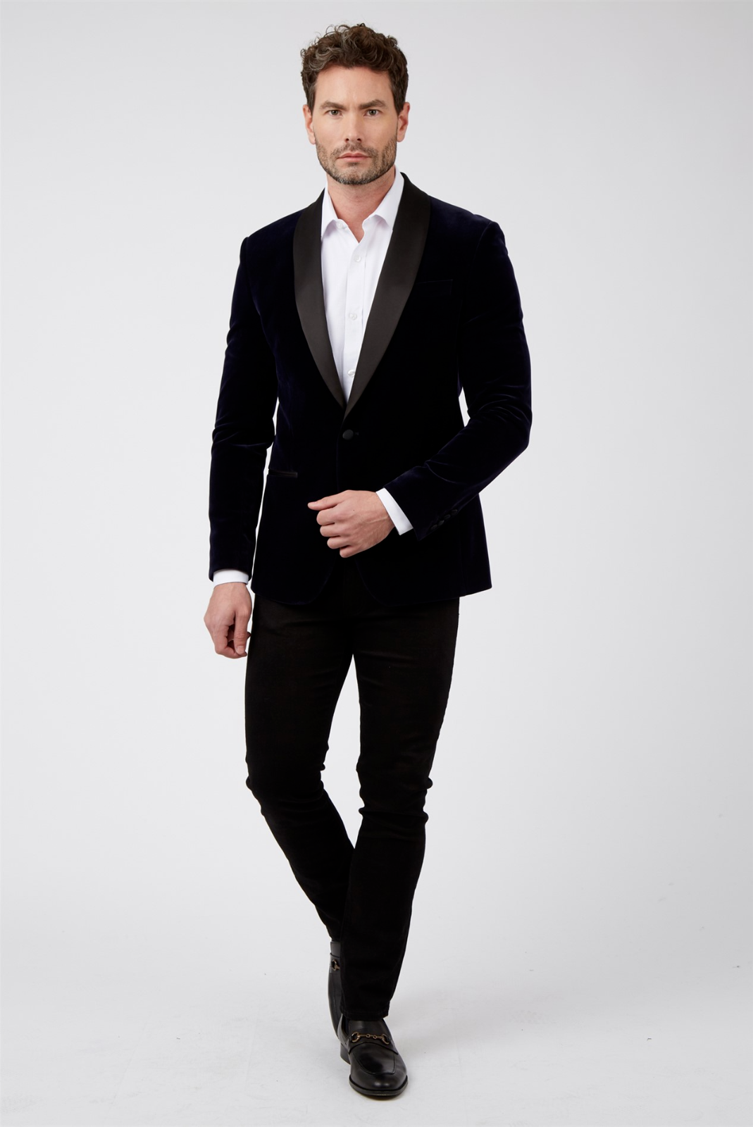 Navy Slim Fit Velvet Jacket | Shawl Collar Smoking Jacket