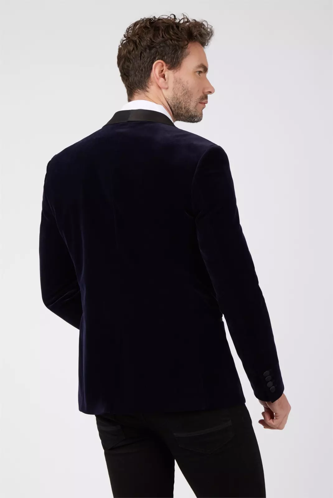 Limehaus Navy Slim Fit Velvet Smoking Jacket Shawl Collar