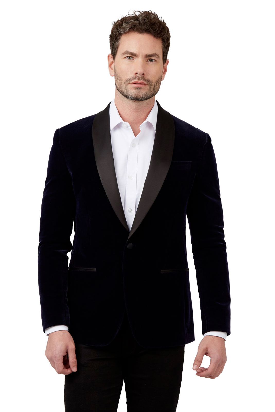 Limehaus Navy Slim Fit Velvet Smoking Jacket Shawl Collar