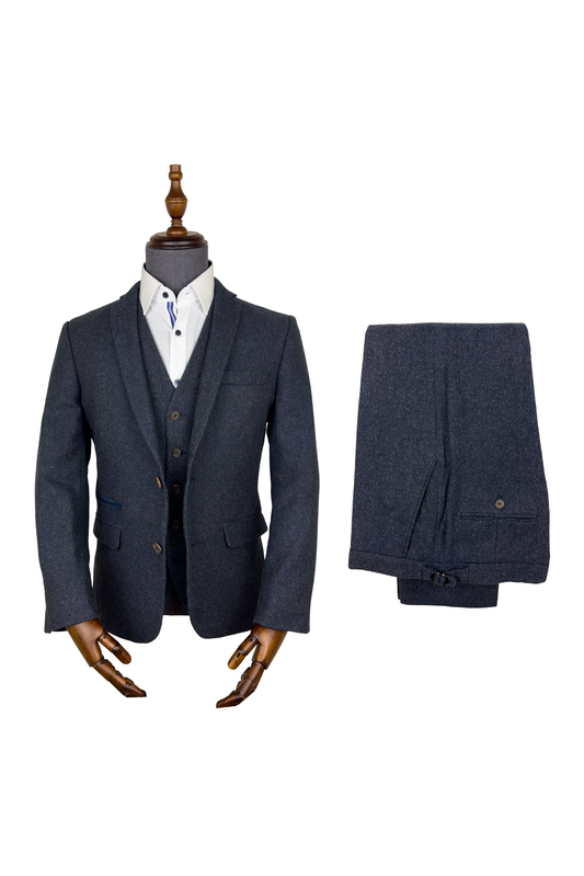 Navy Blue Tweed 3 Piece Suit | Donegal Wool | Jacket, Trouser & Waistcoat