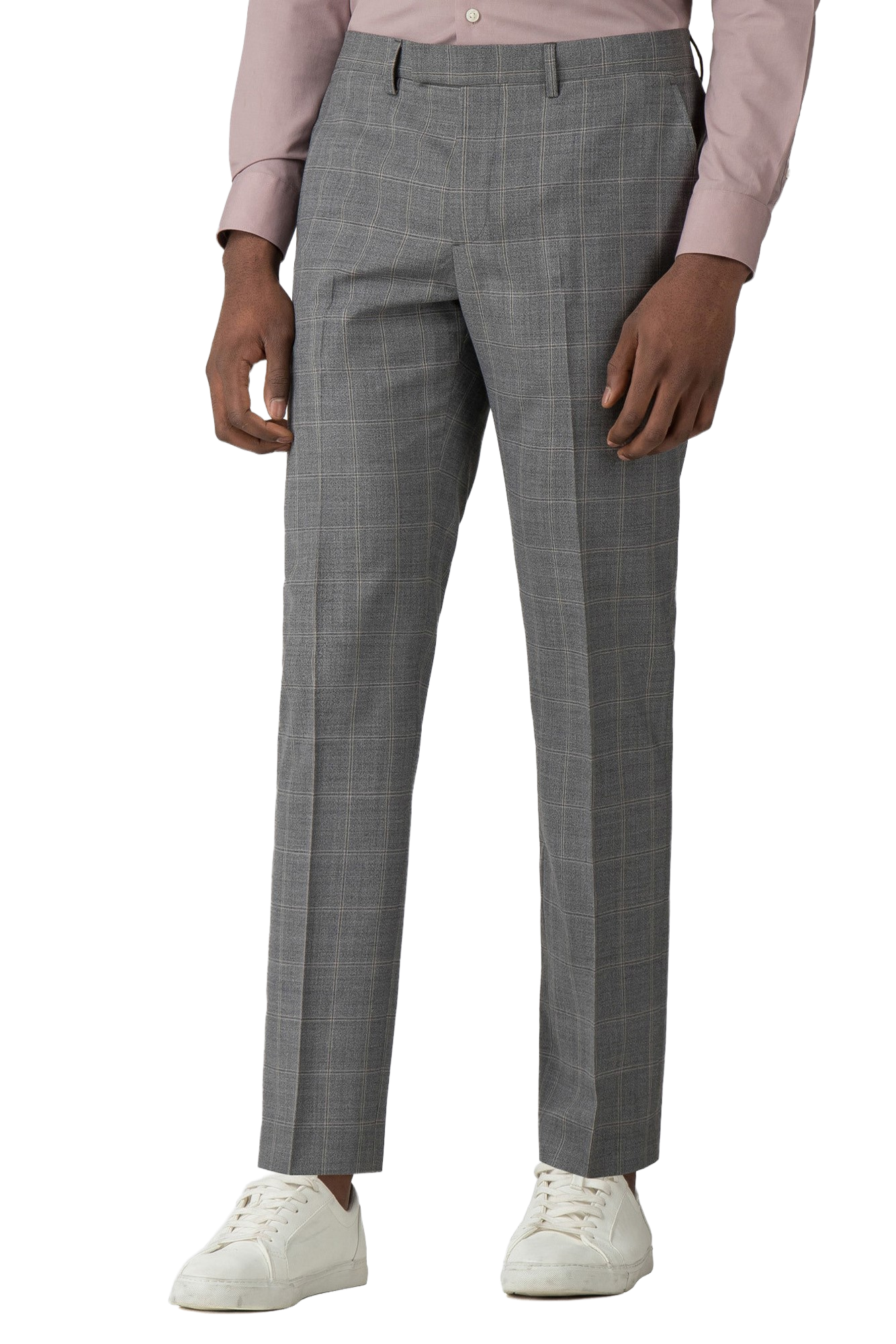 Grey Windowpane Check Wool Trousers | Flat Front Dress Pants | Belt Loops, Tailored Fit