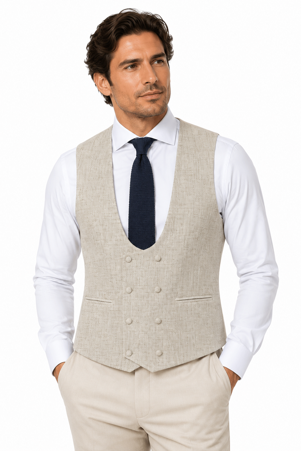 Beige Buff Double Breasted Scooped Tweed Waistcoat