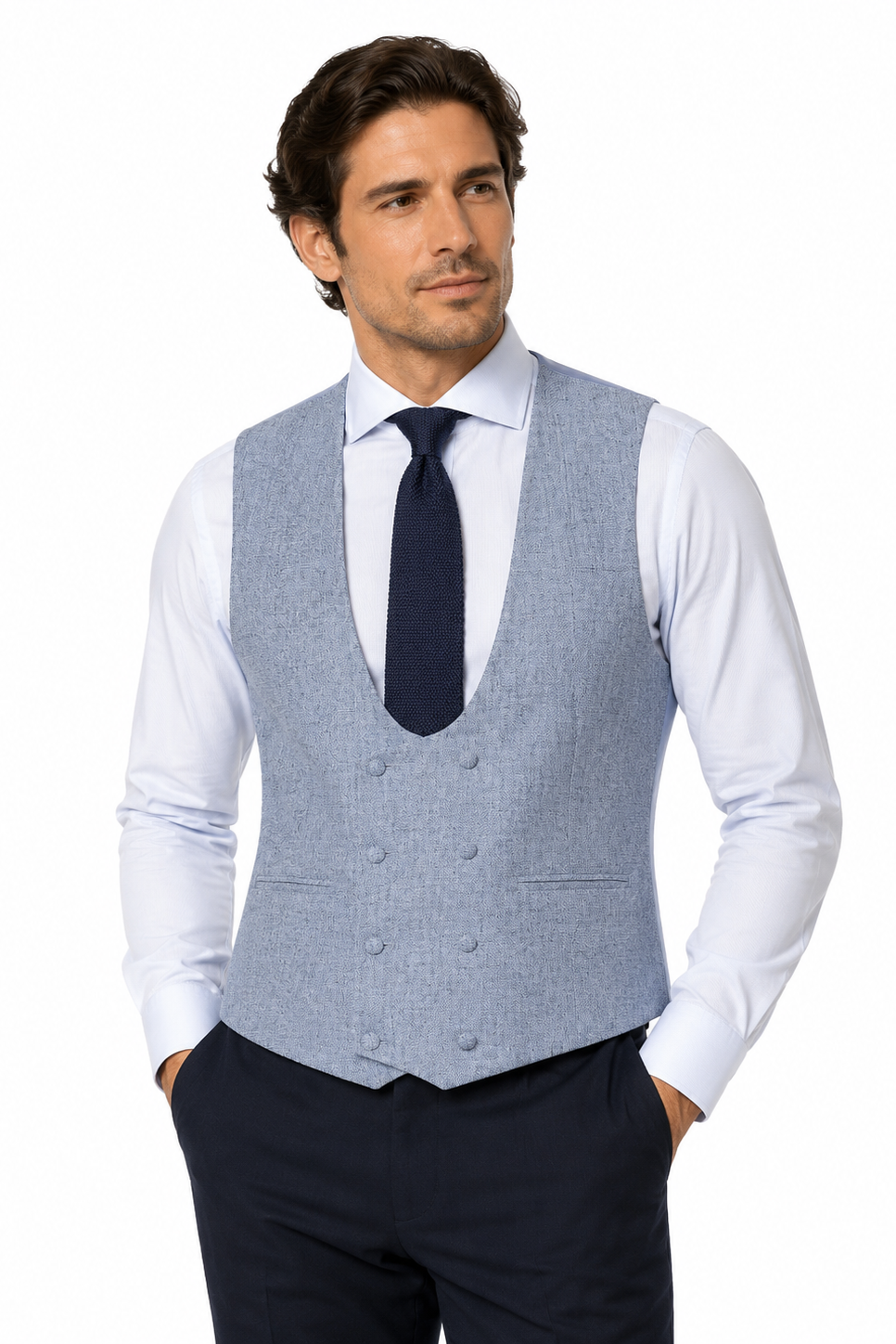 Powder Blue Double Breasted Scooped Tweed Waistcoat