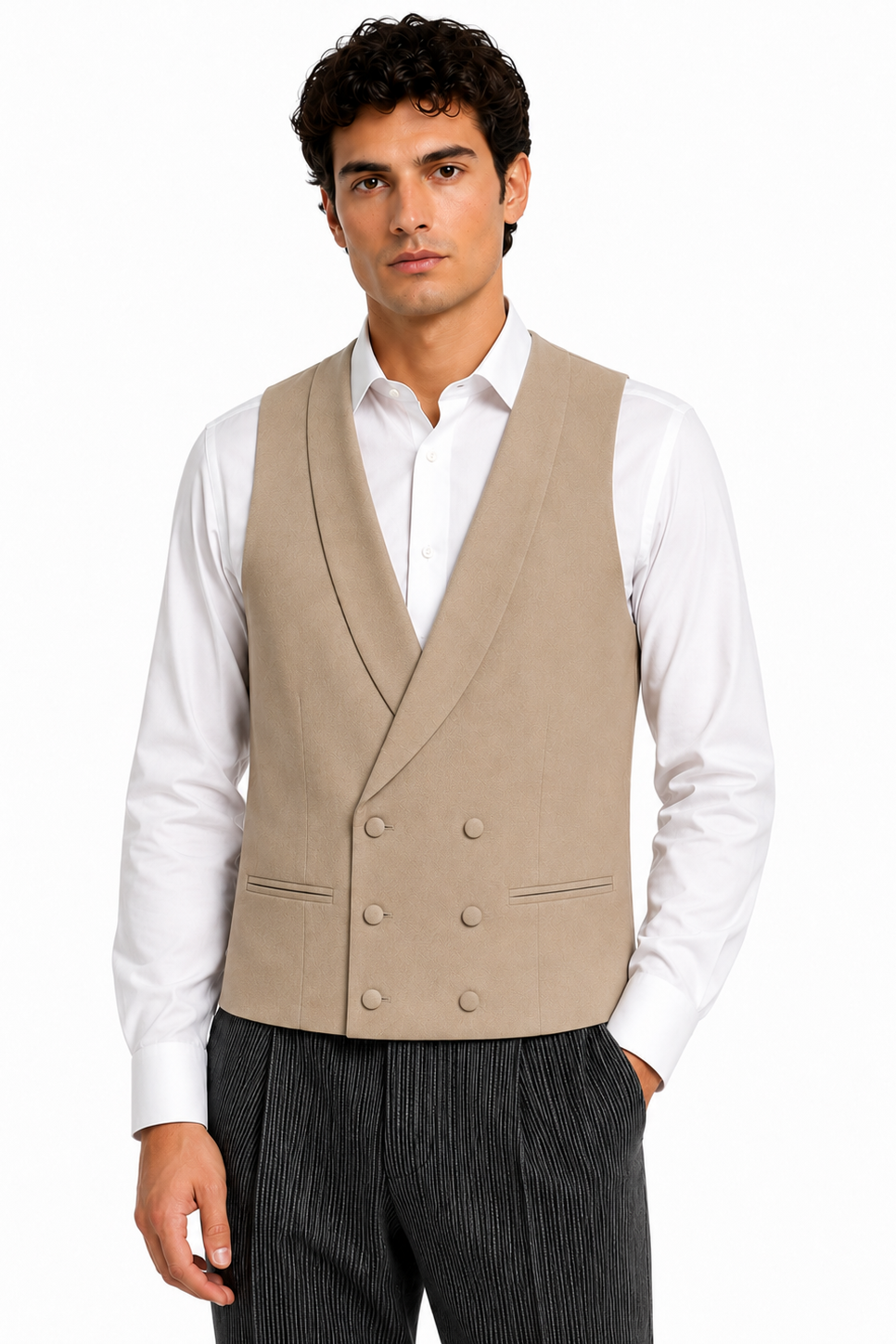 Beige Buff Wool Double Breasted Twill Waistcoat