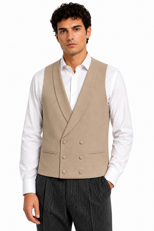 Beige Buff Wool Double Breasted Twill Waistcoat
