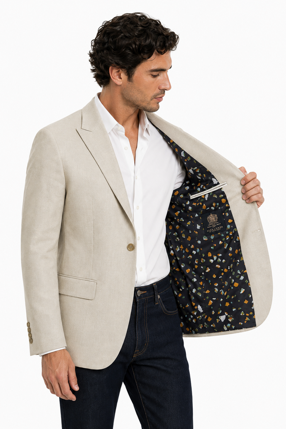 Alexandre Tailored Fit Stone Linen Jacket | Peak Lapel, Half Lined