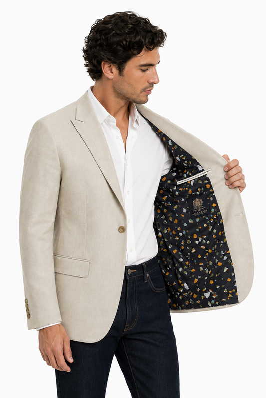 Alexandre Tailored Fit Stone Linen Jacket | Peak Lapel, Half Lined