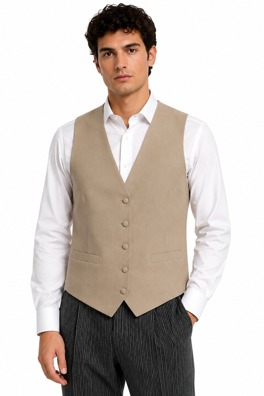 Beige Buff Wool Single Breasted Twill Waistcoat