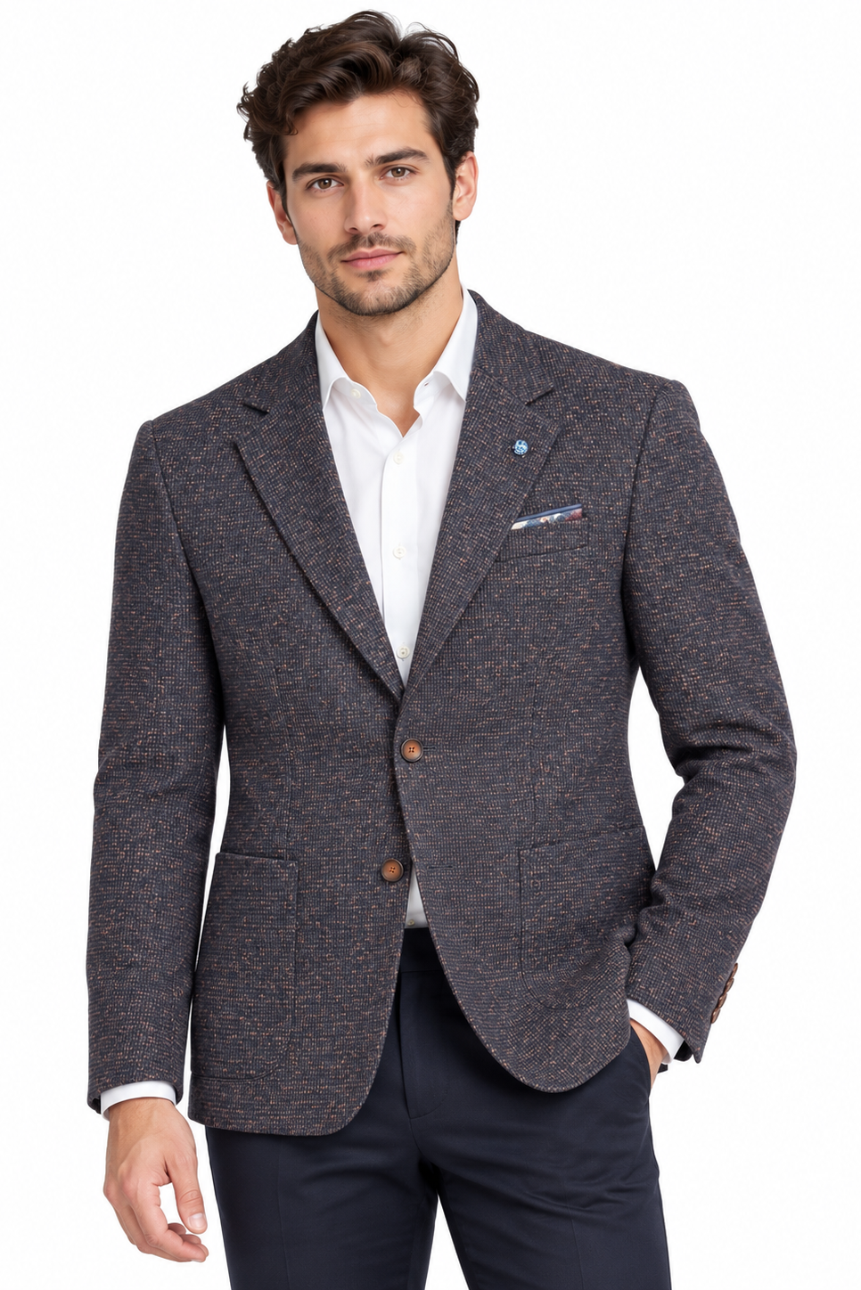 Navy Rust Textured Wool & Cotton Jacket | Tailored Fit Smart Blazer | Haley Tobacco