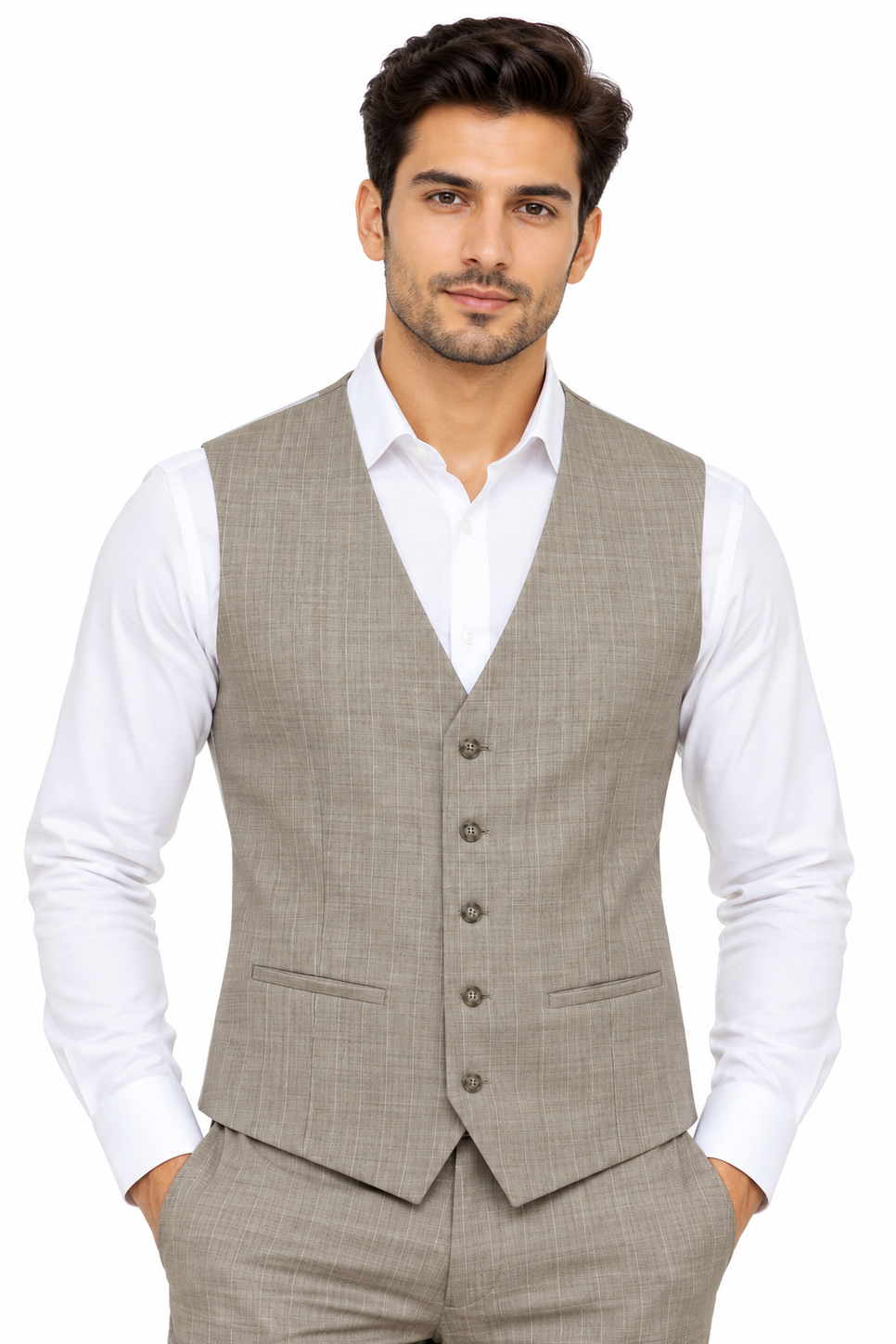 Alexandre London Men's Tailored Fit Beige Check Wool Blend Waistcoat