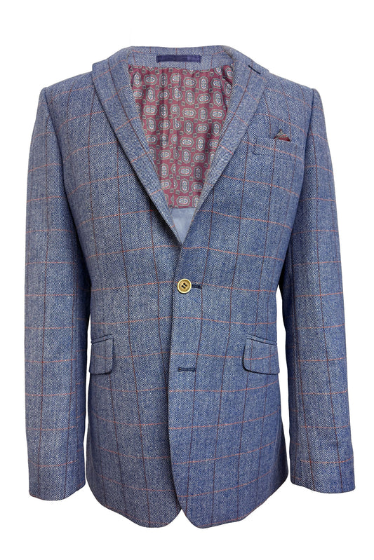Men's Blue Tweed Wool Jacket Checked Wedding Blazer
