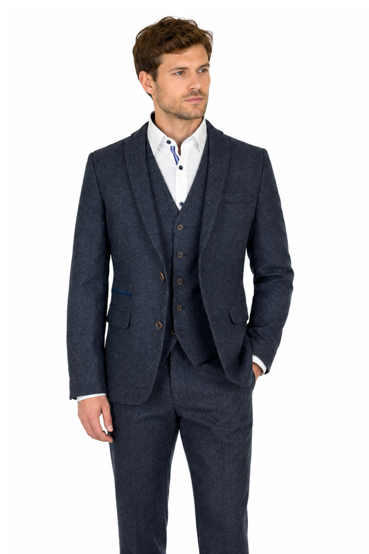 Navy Blue Tweed 3 Piece Suit | Donegal Wool | Jacket, Trouser & Waistcoat