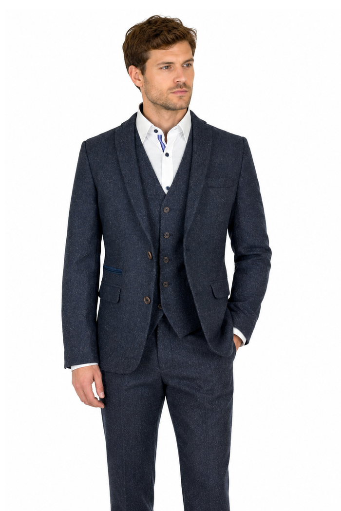 Navy Blue Tweed 3 Piece Suit | Donegal Wool | Jacket, Trouser & Waistcoat