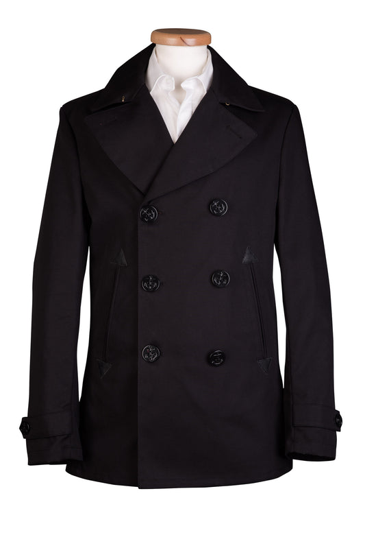Black Double Breasted Pea Coat Cotton Men's Raincoat