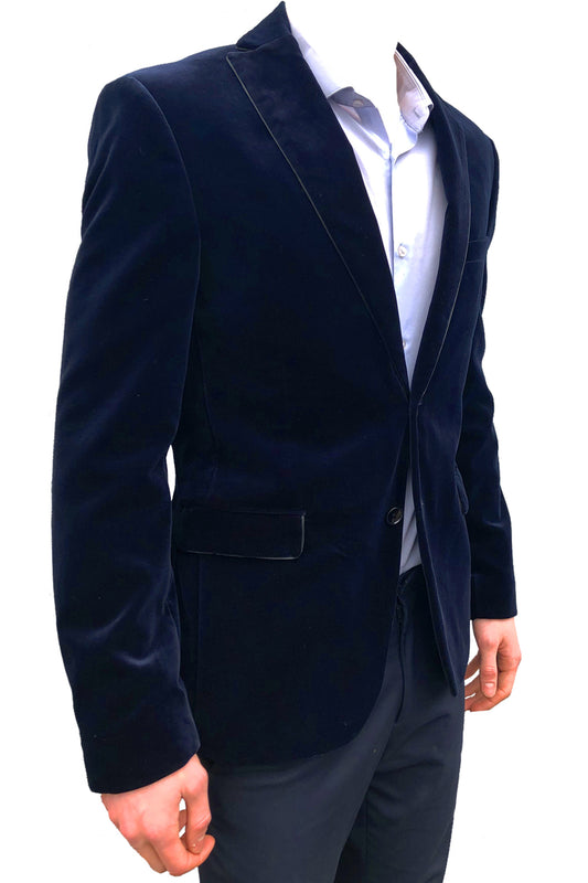 Deep Blue Velvet Jacket Slim Fit Tuxedo Blazer - Brand New